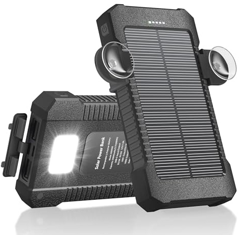 Solar Power Bank 26800mAh with Suction Cup Mount, Power Bank 3 USB Ports with Torch Continuous Light/SOS/Strobe Waterproof Outdoor External Battery for Phones (black)