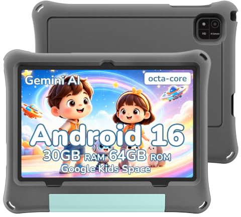 JUNINKE 10 inch Kids Tablet with Bluetooth Keyboard & Stylus, Android 16, 30GB RAM 64GB ROM, 1TB Expandable, Parental Control, 6000mAh Battery, Eye-Care Display, Kids Gift (Grey Case)