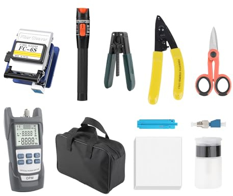 WSOLDMA Fiber Optic Termination Tool Kit 11 in 1 FTTH Kit with Fiber Cleaver Optical Power Meter Finder Visual Fault Locator Wire Stripper Wiping Paper