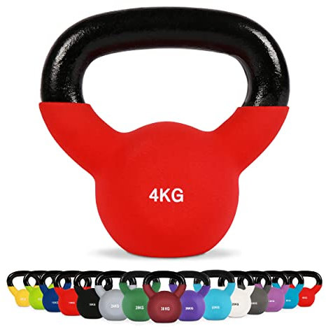 Kettlebell Neopren 2 – 30 kg inkl. Übungsposter (4 Kg - Rot) Kugelhantel