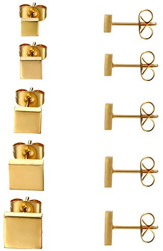 JewelryWe Schmuck 5 Paare Ohrstecker Set, Edelstahl Quadrat Viereck poliert Ohrringe Ohr-Schmuck für Damen & Herren, Gold, Breite 4,5,6,7,8mm