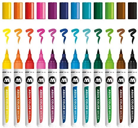 Molotow Aqua Color Brush (Brush Pen Marker Basic-Set 1, Pinsel Spitze für Aquarellieren und Handlettering) 12 Stück sortiert