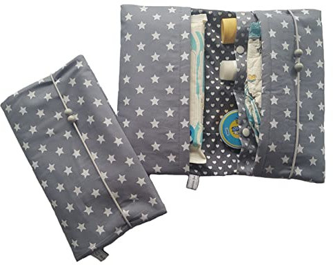 Wickeltasche Windeltasche graue Sterne, Punkte, Herzen - Handmade by die-kreative-fee (hellgraue Sterne - innen Herzen)