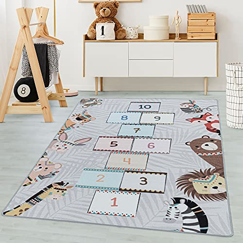 Carpetsale24 Kinderteppich Indianer Tiere mit Hüpfkästchen Design Grau 100 x 150 cm - Kurzflor Teppich Kinderzimmer für Jungen & Mädchen Pflegeleicht - Waschbar Spielteppich Babyzimmer Babyteppich