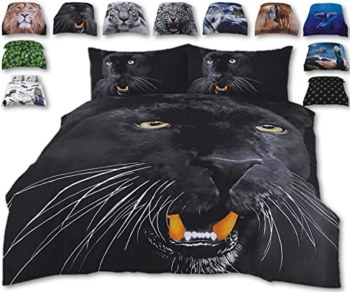 Rare Angry Wild Black Panther Bed Set – 3D Animal Printed DOUBLE Beddings Duvet Cover + 2 Matching Pillowcases - Premium Quality – Natural Cotton + Virgin Polyester (Double Size Bed)