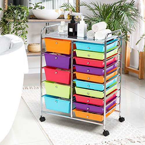 COSTWAY 15 Drawers Storage Trolley, Home Office Stationary Rolling Cart with 4 Wheels, Multipurpose Mobile Organiser Shelving Unit for Makeup Beauty Salon (Multicolour)