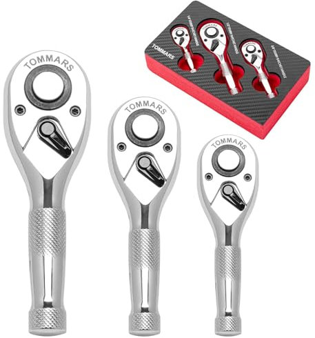 TOMMARS Kurzer Ratschen-Set, 1/4 Zoll, 3/8 Zoll, 1/2 Zoll Antrieb Ratschengriffschlüssel, 72 Zähne, Schnellspanner, umkehrbar