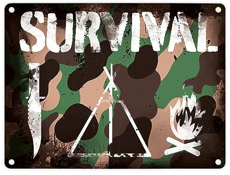 Survival Tarnmuster Metallschild in 15x20 cm im Used-Look Blechschild in Camouflage mit Messer Zelt und Feuer als Geschenk für Überlebenskünstler und solche die es gerne wären