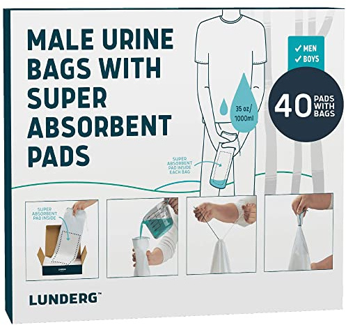 Lunderg Disposable Urine Bags for Men with Super Absorbent Pads - 40 Count