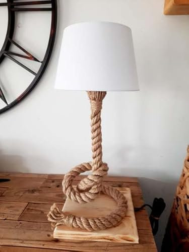 Solenzo - Lampe de table - lampe de chevet bois et corde - avec ampoule LED offerte - abat jour blanc