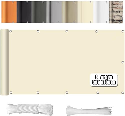 WEALSFUN Balkonabdeckung (390Größen & 8 Farben) Balkonverkleidung Ohne Bohren blickdichte Wind UV-Schutz mit Ösen Kabelbinder Kordel,80X500CM Creme