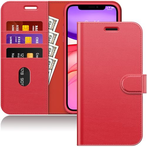 JETech Coque Portefeuille pour iPhone 11 6,1 Pouces, Etui en Cuir PU avec Couverture à Rabat Magnétique Antichoc avec Porte-Cartes et Fonction de Support (Rouge)