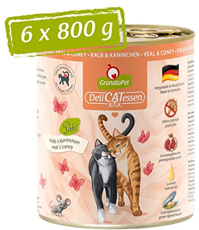 GranataPet Delicatessen Kalb & Kaninchen, 6 x 800 g, Nassfutter für Katzen, Katzenfutter für Feinschmecker, Futter ohne Getreide & ohne Zuckerzusätze
