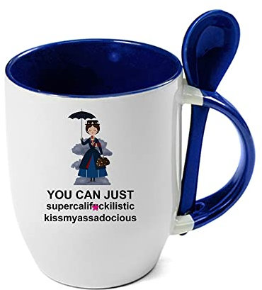 Giftme Mary Poppins Secret Santa Supercalifragilistic Rude Sweary Coffee Tea Mug Unique Spoon Ceramic Mug. (Blue Spoon)