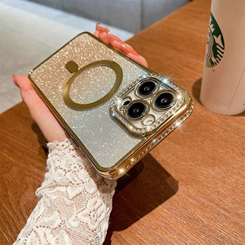 Tybiky Hülle für iPhone 12 Pro Handyhülle Glitzer Bling Sparkle Mit Magnetisches Kabelloses Laden Stoßfest Schutzhülle für Mädchen Kratzfest Schlank Silikon Bumper Cover für iPhone 12 Pro.Gold