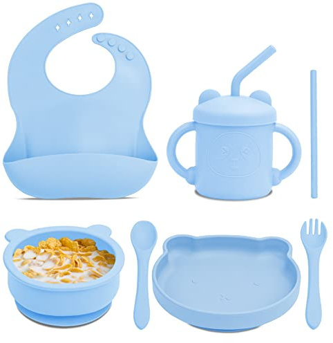 Juego Vajilla Bebe de Silicona,Feelhap Vajilla Bebé Silicona Libre BPA con Plato Ventosa Cuenco Cuchara Tenedor Taza Babero,7 Piezas Aprendizaje Kit Vajilla antideslizante e impermeable,Azul Oso