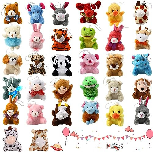RANJIMA Mini Plüschtiere Set für Kinder, 32 Stück Mini Plüschtier Kleine Plüsch Tiere für Party Mitgebsel Kindergeburtstag, Schlüsselanhänger, Klassenzimmer Preiszubehör, Kleine Geschenke für Kinder