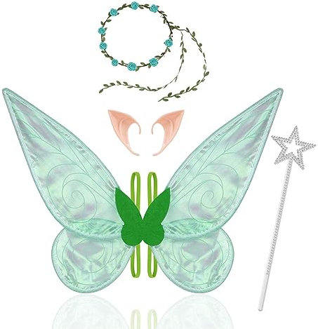 Aomig Feenflügel Kinder, Feen Flügel Kranz-Tiara,Feenflügel Erwachsene Elfenohren, Schmetterlingsflügel Kinder Geeignet Fasching Karneval Geburtstag Cosplay Party Halloween (Grün)