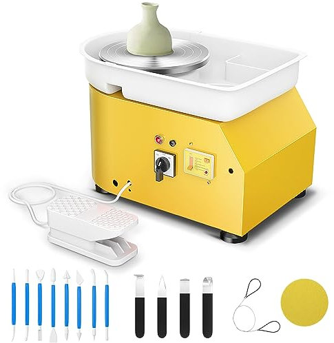 Kotsy Tornio per Ceramica elettrica 350W 25CM,Tornio per Argilla a velocità Regolabile con Ceramica Elettrico Pedali Professionale con Ceramica Strumenti di Intaglio per Adulti, Bambini(Giallo)