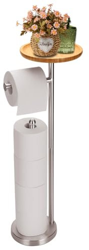Toilettenpapierhalter Ständer mit Reserve & Ablage, Stabiler, freistehender Papierrollenhalter für 5 Toilettenpapierrollen, rostfreier & Schwerer Edelstahlboden – gebürstetes Nickel
