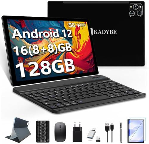 KADBYE 2024 Tablet 10 Zoll, Android 12 Tablet mit Tastatur, 16 GB RAM+128 GB ROM (TF 1TB), 2,4 GHz + 5G WiFi, 2,0 GHz/Octa-Core mit Maus und Stift, 5 MP/13 MP HD Kamera, GPS/GMS/7000 mAh, Schwarz…
