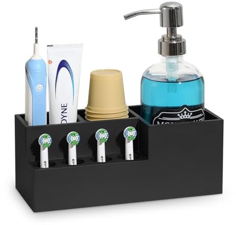 Luxspire Elektrisch Zahnbürstenhalter, 7 Fächer Harz Zahnbürstenhalterung Zahnbürsten Organizer mit 4 Zahnbürstenköpfe Halter Kompatibel mit Oral B iO Philips Sonic Badezimmer Organizer, Schwarz