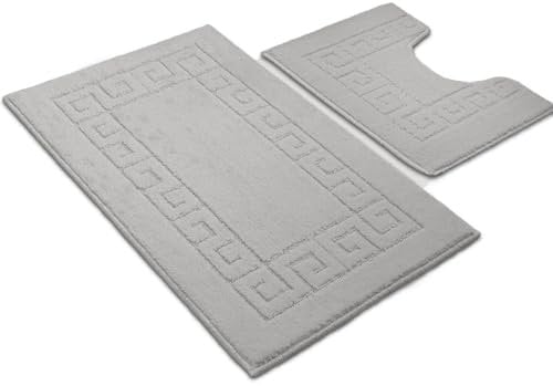 Paradise Products Greek Key Pattern Bath Mat 2 Piece Sets Non Slip Bathroom Mat, Soft Washable Rug Quick Dry Water Absorbent Bathroom Shower Mat & Pedestal Set (Silver)