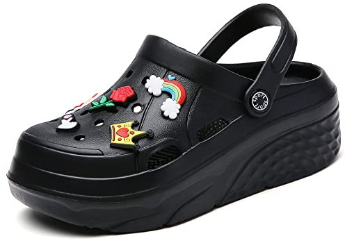 ELIOGN Zuecos con plataforma para mujer, ligeros, deslizantes, deslizantes, zapatos de jardín, Negro , 42 EU