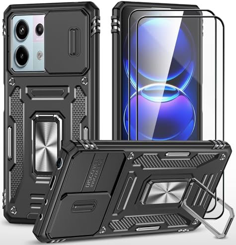 CLYDITE Cover per Xiaomi Redmi Note 13 Pro 5G/Poco X6 5G Nero Custodia con Vetro Temperato [2 Pack] Fotocamera Slidable Antiurto Custodia Antiurto Grado Militare 360° Ring Supporto Silicone Custodie