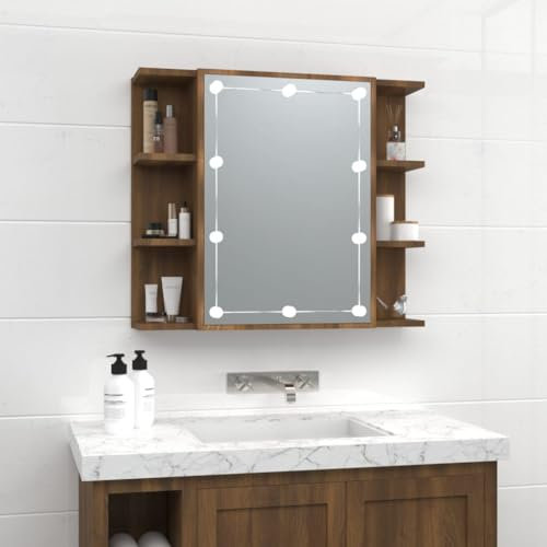 KTHLBRH Waschbecken UVnterschrank Waschbeckenunterschrank Spiegelschrank mit LED Braun Eichen-Optik 70x16,5x60 cm