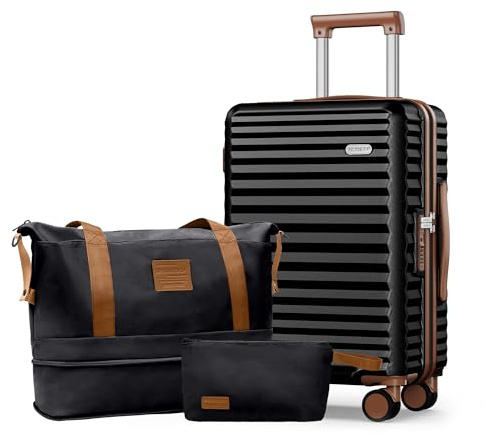 SHOWKOO Koffer Klein Leicht Hartschale 100% Polycarbonate Haltbar Reisekoffer mit Rollen Hartschalenkoffer Set Trolley Handgepäck Enthält 1 Reisetasche und 1 Kulturbeutel, M-Elegante Schwarz