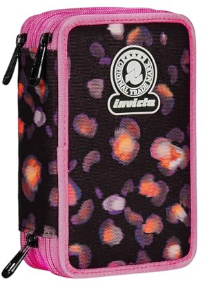 Invicta Astuccio Scuola 3 Zip Fantasy, Rosa e Nero, Triplo Scomparto Completo di Penne, Matite e Pennarelli, Accessori Scuola, Accessori Zaino, Scuola Elementare, Bambina