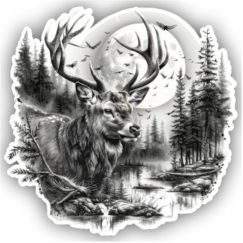 Samunshi® Hirsch in Wald Szene Aufkleber Vollmond Car Decal für Mofa, Fahrrad, Roller oder Auto - MTB, Mountainbike, Rennrad - Aquarell Illustration 15x15cm