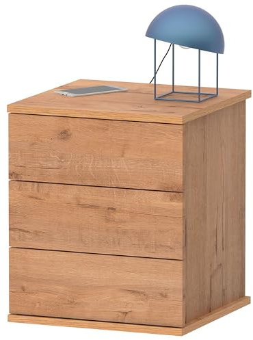 briebe Mesita de Noche 3 Cajones, Mesilla Dormitorio 48,5x41x40 cm (Alto x Ancho x Profundo) Cajonera Serenade (Roble Gold)