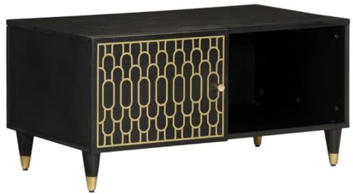 vidaXL Solid Mango Wood Coffee Table - Black Finish with Iron Legs, 80x50x40cm, Ample Storage with Carved Detail for Living Room, Bedroom