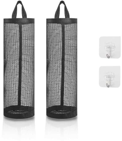 mkemka 2Pcs Carrier Bag Storage Holder Plastic Bag Holder Hanging Garbage Bag Organizer Plastic Bags Mesh Hanging Dispenser Trash Bag with 2 Pcs Sticky Hooks for Home Kitchen Supplies