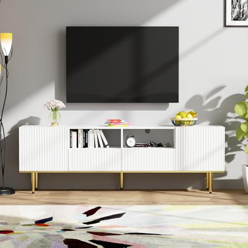 KeepGoon Meuble TV Moderne Avec 2 Tiroirs et 2 Portes, Pieds et Bord Dorés - Bas de Salon (Blanc)