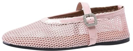 Damen Flach Runde Sandalen Netz-Ballerinas für Damen Mary Jane-Schuhe mit Schnallenriemen Elegante Flache Schuhe lässige Ballerina-Schuhe Bequeme Fischnetz-Ballerinas Atmungsaktiv Freizeitsandalen