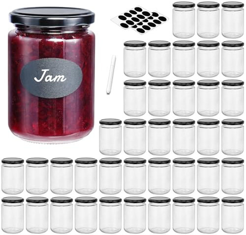 Absovetu 20 Pack Small Glass Jars with Lids and Labels 350ml/12oz - Mason Jars Jam Jars with Lids Airtight for Overnight Oats Pickling Spice Candle Honey