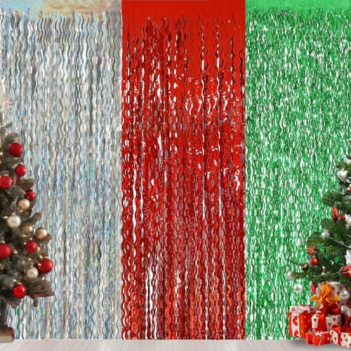 SEAHUI 3pcs 2x1m Glitter Christmas Tinsel Foil Curtain Shimmer Silver Green Red Wave Fringe Streamers Door Backdrop for Wedding Birthday Xmas Party Decoration Props