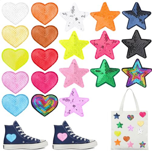 Xinjoduz 20 PCS Star Heart Iron on Patches, Sew on Sequin Embroidered Patches Appliques Embellishments Glitter Iron on Patches for Clothing, Jeans Jackets, Backpacks Costume (Star & Heart)