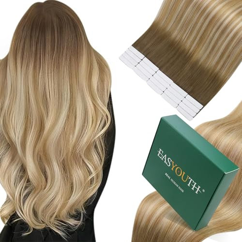 Easyouth Extensions Echthaar Tapes 60 cm Blond Ombre Echthaar Tape in Extensions Balayage Mittelbraun Honigblond Platinblond Tape in Extensions Echthaar Lange 60 cm 50g 20pcs #6/27/60
