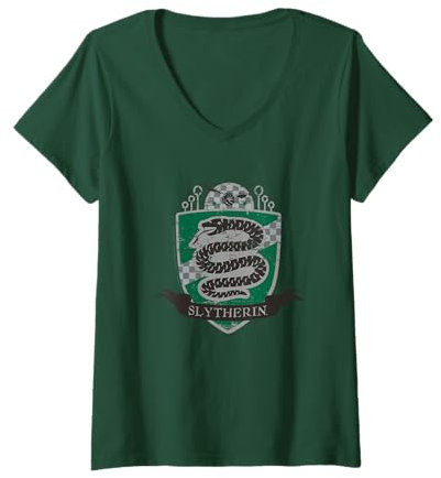 Femme Harry Potter Serpentard Quidditch Bouclier vieilli T-Shirt avec Col en V