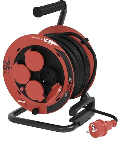 EMOS - Avvolgicavo 25 m - 4 prese con maggiore protezione contro il contatto - Impermeabile e resistente al freddo, resistente agli urti - 230 V, 10 A, 2300 W - Isolamento in gomma - H05RR-F3G 1,0 mm2