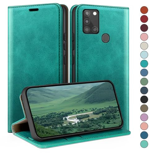 HUOUH für Samsung Galaxy A21S Hülle mit RFID Schutzhülle aus Lederhülle Handyhülle,Kartenfach Leder ständer Handy hülle,360 Grad Schutz Cover für Samsung A21S Klapphülle Wallet Case Blaugrün