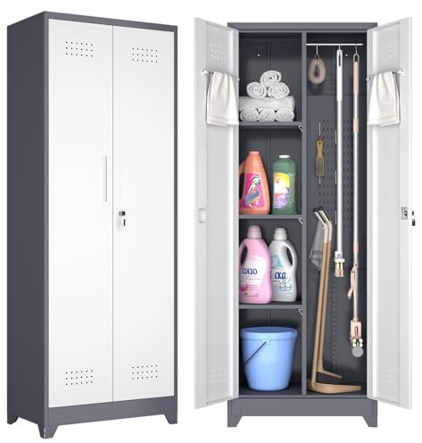 GREATMEET Broom Closet, Broom Closet Storage Cabinet with Pegboard and Hanging Rod, Cleaning Tool Storage Cabinet, Tall Metal Closet with Locking Doors for Bathroom, 165cm