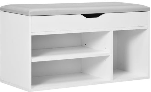 HOMCOM Meuble Chaussures Banc à Chaussures 2 Niveaux Rangement, Niche + Coffre intégré avec Coussin Blanc