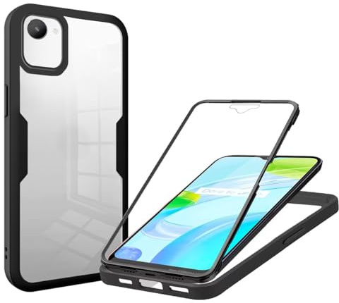 SLWYF Kompatibel mit Realme C30/C33/Realme C30S Hülle Eingebauter displayschutz 360 Grad Rundumschutz Handyhülle, Stoßfest TPU Bumper Schutzhülle Robuste Durchsichtige Kratzfest Case, Schwarz