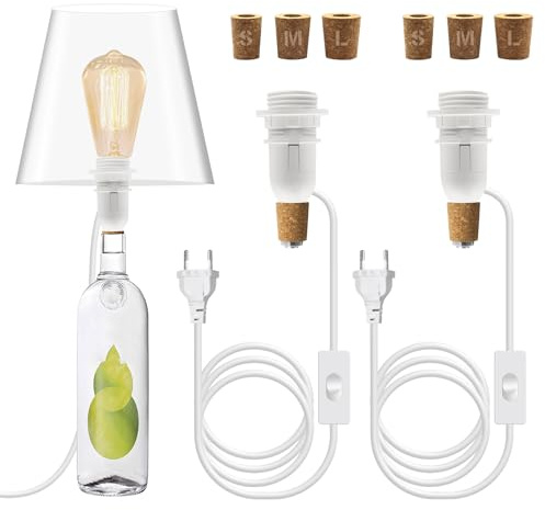 2PCS Kit Lampe Bouteille, 240CM Câble, Blanc Douille E14 avec Interrupteur, Support Ampoule pour Bouteille, 3 Bouchons Souples, Adaptateur de Bouteille, Convient pour Différent Abat Jour
