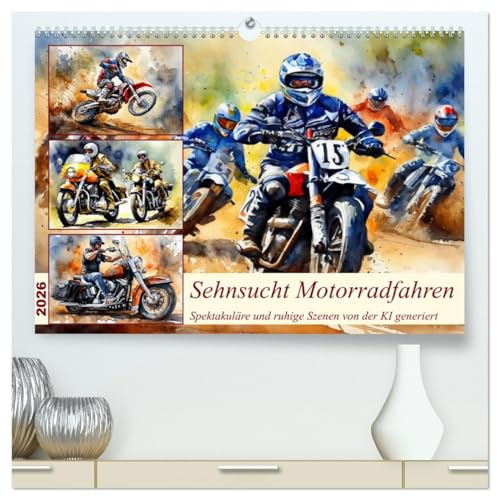 Sehnsucht Motorradfahren (hochwertiger Premium Wandkalender 2026 DIN A2 quer), Kunstdruck in Hochglanz: Wunderschöne KI generierte Aquarelle (CALVENDO Sport)